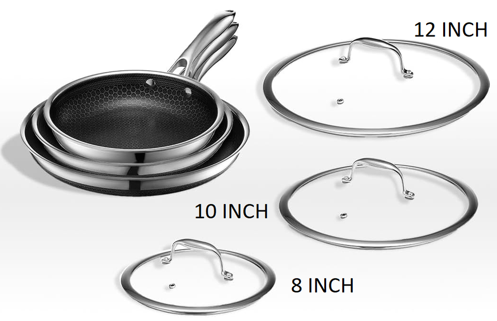 Frying Pans 6pc, Nonstick, Stainless Steel, Hexclad