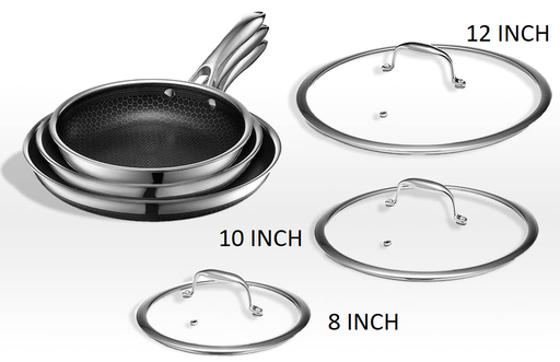 [2752] Frying Pans 6pc, Nonstick, Stainless Steel, Hexclad